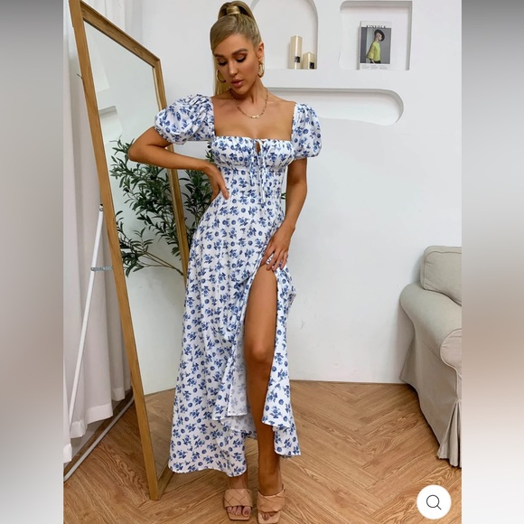 parthea puff sleeve high split floral print dress